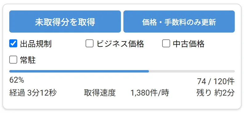 取得中のサイドパネル。進捗バーと、件数・経過時間・速度・残り時間