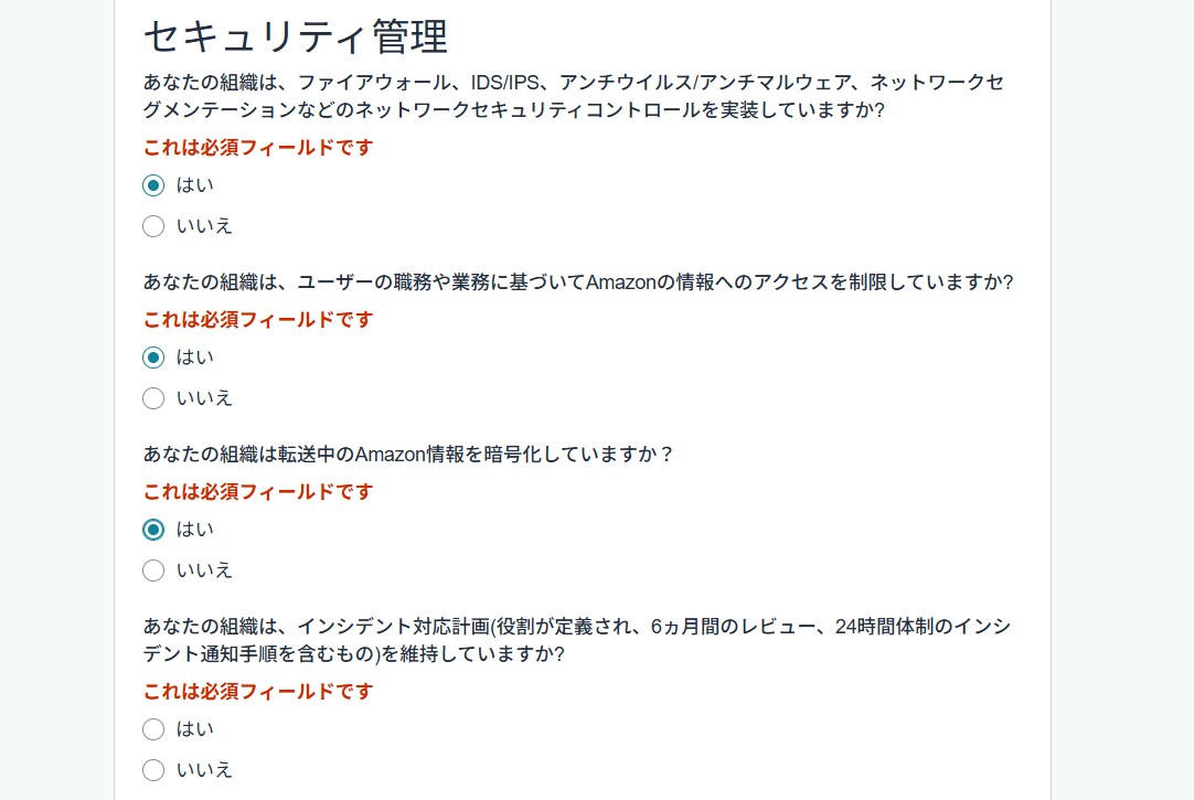 セキュリティ管理の設問一覧（前半）。はい / いいえ形式の質問が並んでいる