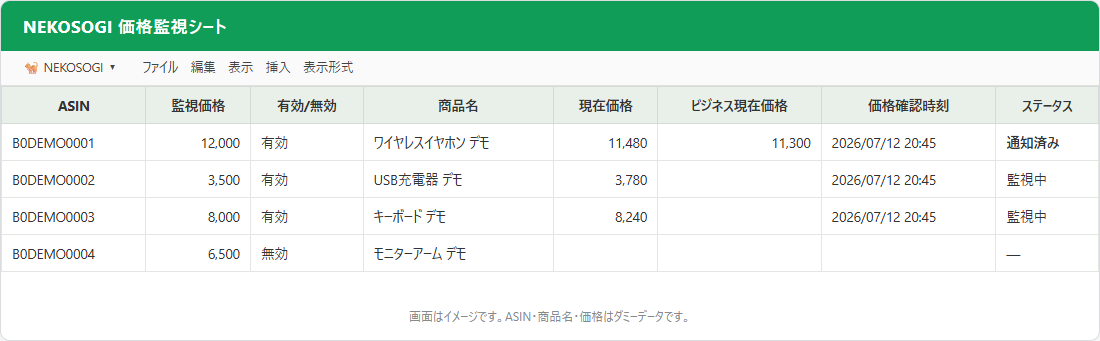 ASINを1件登録して価格監視が始まったスプレッドシートの例